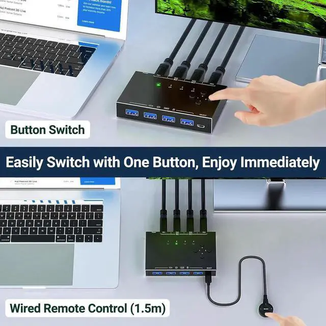Alt view image 5 of 7 - WISDUM 4x4 USB 3.0 Switch 4 Computers, 4 Port USB Switch Selector for 4 Computer Share 4 USB Devices, Keyboard Mouse Switch, 4 in 4 Out USB 3.0 Switcher with Wired Remote and 4 Standard USB-B Cables