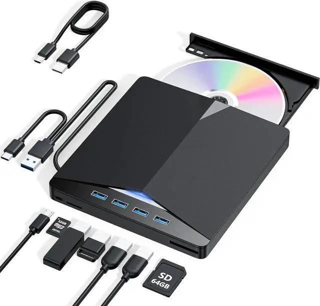 Main image of WISDUM External CD/DVD Drive for Laptop, 7-in-1 USB 3.0 & Type C Portable External CD DVD Burner Optical DVD Drive with SD/TF Card Reader & 4-Port USB Hub, Compatible with Windows, Mac OS, Linux