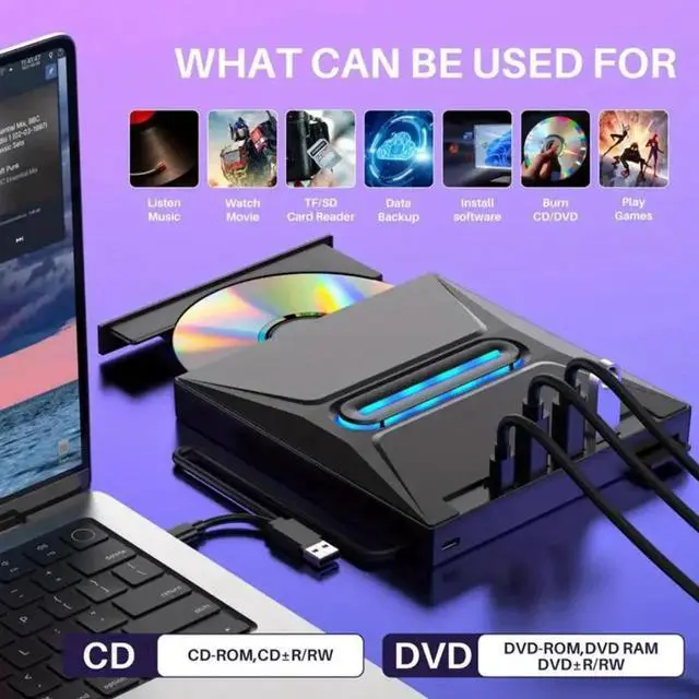 Alt view image 3 of 7 - WISDUM External CD DVD Drive [6-in-1], Ultra Slim Portable CD Player for Laptop, CD DVD +/-RW Burner CD/DVD Drive with SD Card Reader USB 3.0 Type C Hub Compatible with Laptop PC Windows Linux MacOS