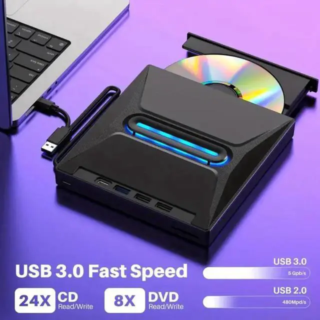 Alt view image 6 of 7 - WISDUM External CD DVD Drive [6-in-1], Ultra Slim Portable CD Player for Laptop, CD DVD +/-RW Burner CD/DVD Drive with SD Card Reader USB 3.0 Type C Hub Compatible with Laptop PC Windows Linux MacOS