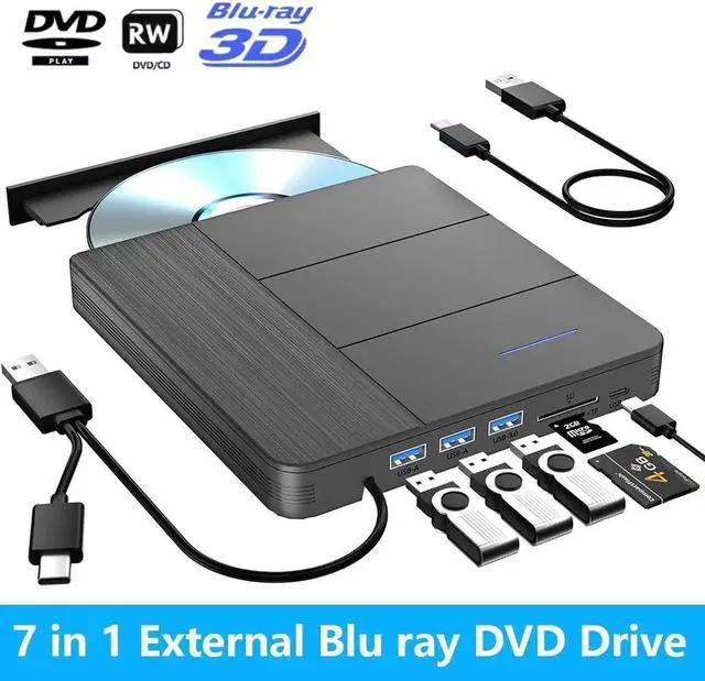 Main image of WISDUM 7 in 1 External Blu-ray Drive with 4 USB Port & TF/SD Card Slots, Support 100G Read & Write, Portable DVD Drive Blu ray Burner, Suitable for Laptop, Desktop, Windows XP/7/8/10/11,Linux, MacOS