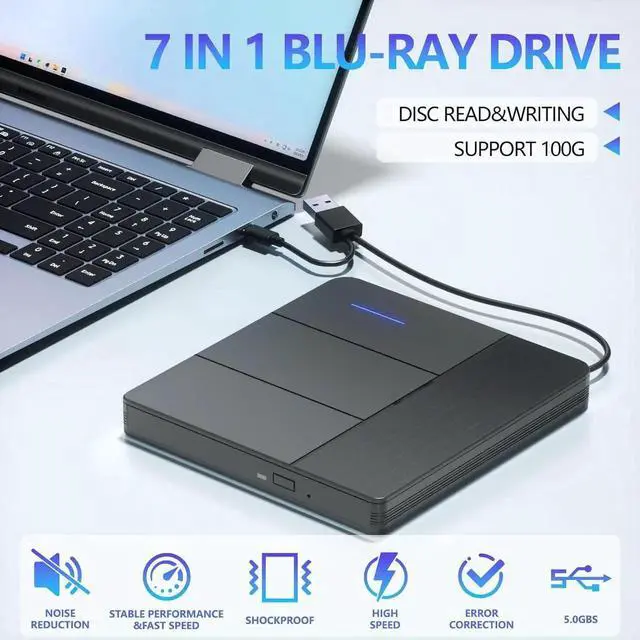 Alt view image 2 of 7 - WISDUM 7 in 1 External Blu-ray Drive with 4 USB Port & TF/SD Card Slots, Support 100G Read & Write, Portable DVD Drive Blu ray Burner, Suitable for Laptop, Desktop, Windows XP/7/8/10/11,Linux, MacOS