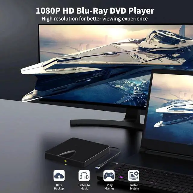 Alt view image 6 of 7 - WISDUM External Blu Ray Drive, USB 3.0 and Type-C Blu Ray Burner Portable Blu Ray DVD/CD/BD Player, 3D Optical Bluray Drive Compatible with Windows XP/7/8/10/11 MacOS for Mac-Book Laptop Desktop PC