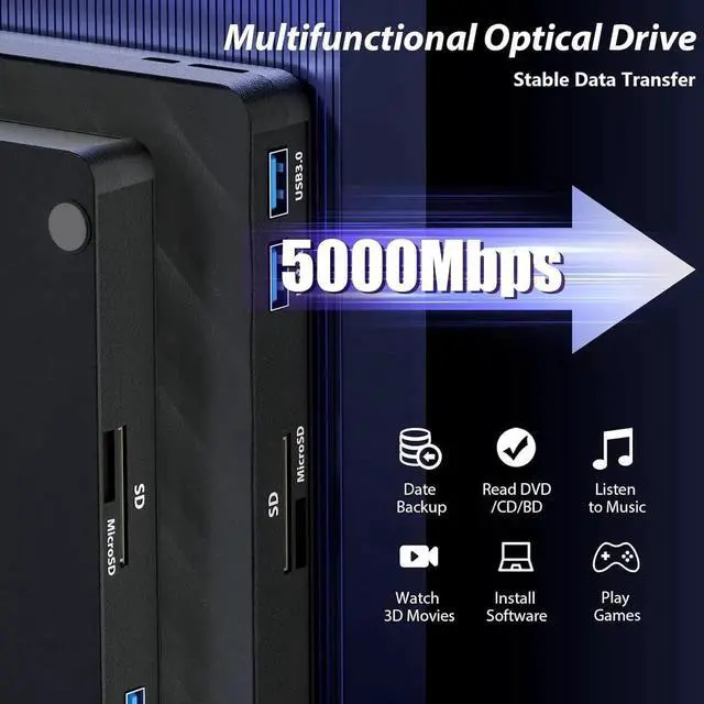 Alt view image 4 of 7 - WISDUM 5 in 1 External Blu Ray Drive, Portable Blu Ray Player with USB 3.0 Type-C, CD DVD Burner 3D Blu-Ray with SD/TF Ports, Blu Ray Drive Compatible with Windows Laptop Desktop, Bluray Player for PC