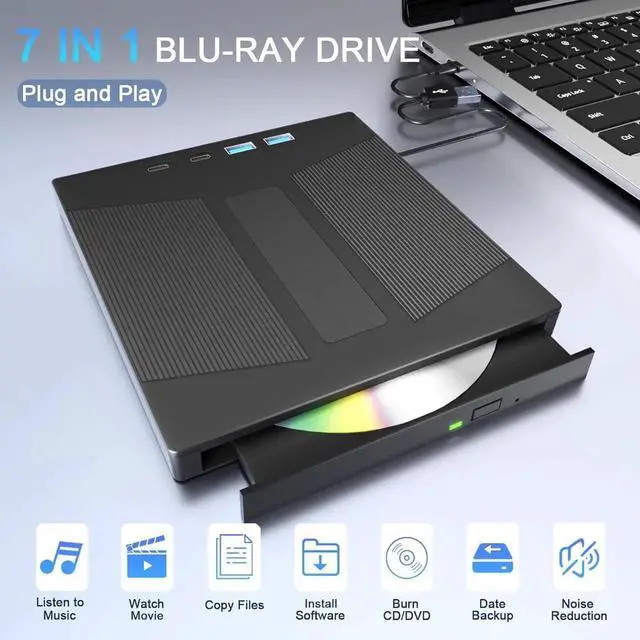 Alt view image 2 of 7 - WISDUM 7 in 1 External Blu-ray Drive, USB 3.0 Type-C BD DVD CD Player Portable CD DVD Burner with SD/TF Card Slot,Support 100G Disc R/W for PC Compatible with Windows XP/7/8/10/11 Mac Laptop Desktop