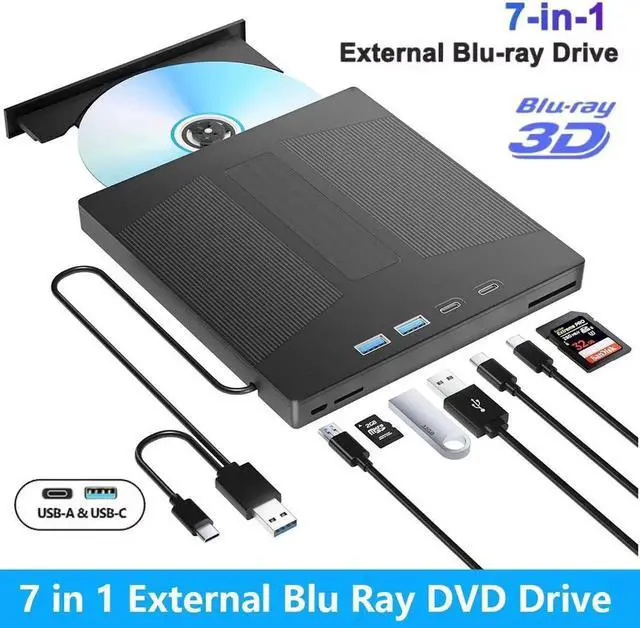 Main image of WISDUM 7 in 1 External Blu-ray Drive, USB 3.0 Type-C BD DVD CD Player Portable CD DVD Burner with SD/TF Card Slot,Support 100G Disc R/W for PC Compatible with Windows XP/7/8/10/11 Mac Laptop Desktop