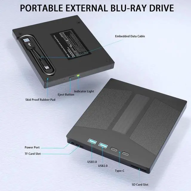 Alt view image 7 of 7 - WISDUM 7 in 1 External Blu-ray Drive, USB 3.0 Type-C BD DVD CD Player Portable CD DVD Burner with SD/TF Card Slot,Support 100G Disc R/W for PC Compatible with Windows XP/7/8/10/11 Mac Laptop Desktop