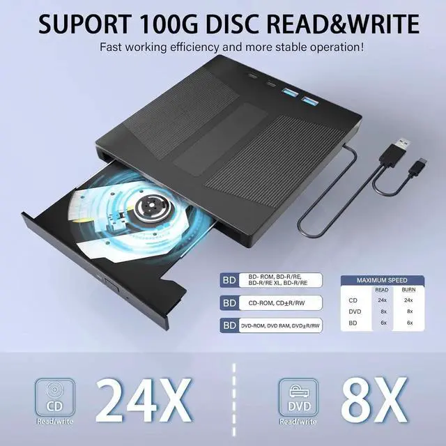Alt view image 4 of 7 - WISDUM 7 in 1 External Blu-ray Drive, USB 3.0 Type-C BD DVD CD Player Portable CD DVD Burner with SD/TF Card Slot,Support 100G Disc R/W for PC Compatible with Windows XP/7/8/10/11 Mac Laptop Desktop