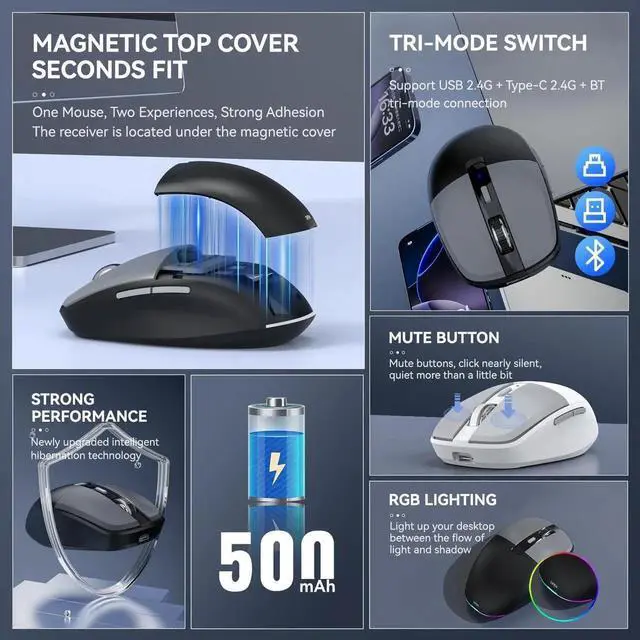 Alt view image 4 of 7 - WISDUM Multi-Device Wireless Mouse for Office, USB 2.4G/Type-C 2.4G/BT5.1 Dual Mode, Silent Click, 3200 DPI, Ergonomic Design with RGB Light, Bluetooth Wireless Mouse with Type-C Fast Charging
