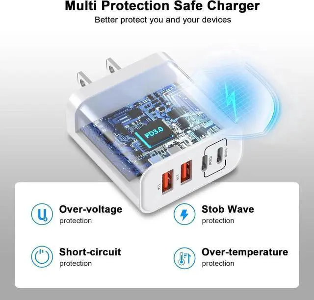 Alt view image 6 of 7 - WISDUM USB C Charger Block, [2 Pack] 40W 4 Ports Type C Charger Fast Charging Cubes PD+QC 3.0 Power Adapter Multiport Brick Type C Box Compatible for iPhone 16/15/14/13/12/11 Pro Max, Android Phones