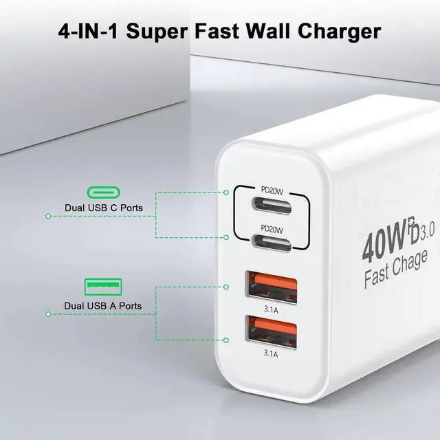 Alt view image 3 of 7 - WISDUM USB C Charger Block, [2 Pack] 40W 4 Ports Type C Charger Fast Charging Cubes PD+QC 3.0 Power Adapter Multiport Brick Type C Box Compatible for iPhone 16/15/14/13/12/11 Pro Max, Android Phones