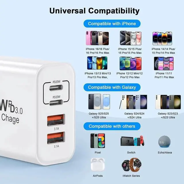 Alt view image 5 of 7 - WISDUM USB C Charger Block, [2 Pack] 40W 4 Ports Type C Charger Fast Charging Cubes PD+QC 3.0 Power Adapter Multiport Brick Type C Box Compatible for iPhone 16/15/14/13/12/11 Pro Max, Android Phones