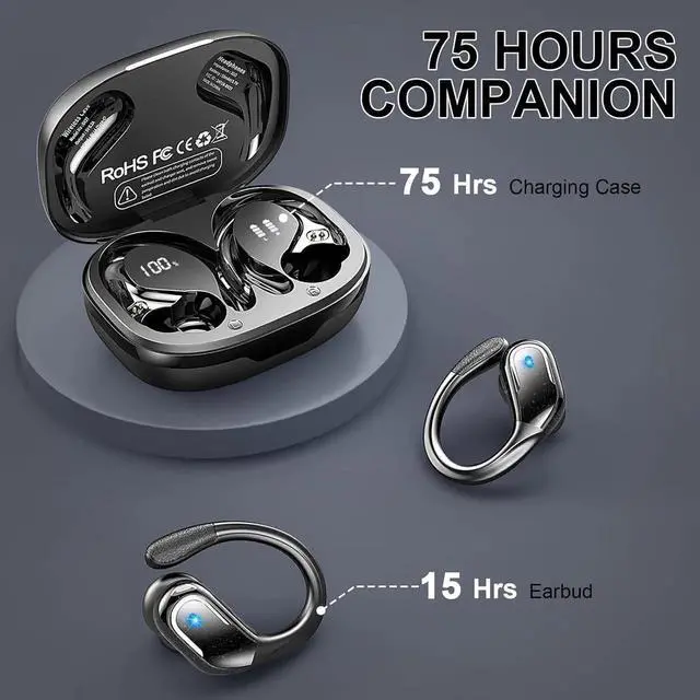 Alt view image 4 of 7 - WISDUM Wireless Earbuds, 75H Bluetooth 5.4 Headphones Sports with ENC Mic, Stereo Noise Cancelling Ear Buds,Wireless Headphones with Earhooks,LED Display IP7 Waterproof Bluetooth Earphones for Running