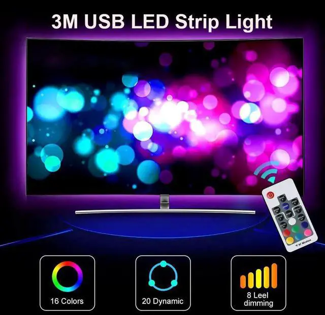 Main image of TV Backlight Kit Bias Lighting for TV, 3M / 9.8FT LED Strip Lights USB Powered LED Light Strip RF Remote for TV, Desktop PC - Reduce Eye Strain Increase Image Clarity