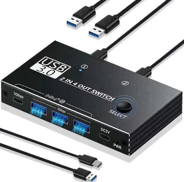Main image of USB 3.0 Switch, USB Switcher for 2 Computers Sharing 3x USB Type A and 1x USB C Port Hub PC Mouse Keyboard Hard Drives Printer One Button Switch Adapter with Windows Mac Linux, with USB Cable