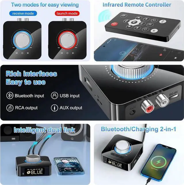 Alt view image 2 of 7 - WISDUM Bluetooth 5.4 Receiver for HiFi, Wireless Audio Adapter with AUX 3.5mm/RCA Bluetooth Audio Receiver for PC/Mac/Smartphone/Tablet/AV Receiver, AptX HD, Dual Pairing