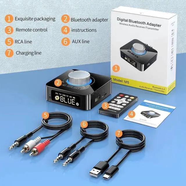 Alt view image 7 of 7 - WISDUM Bluetooth 5.4 Receiver for HiFi, Wireless Audio Adapter with AUX 3.5mm/RCA Bluetooth Audio Receiver for PC/Mac/Smartphone/Tablet/AV Receiver, AptX HD, Dual Pairing