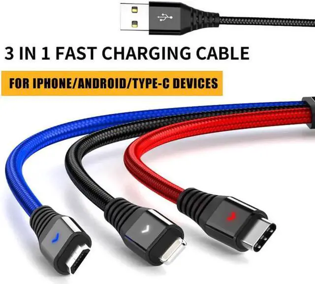 Main image of Multi Charger Cable, Nylon Braided Universal 3 in 1 Multiple Ports Devices USB Charging Cord with USB Type C/Micro USB Connectors for Phones Tablets (Charging Only) - 6.6Ft, 2Pack