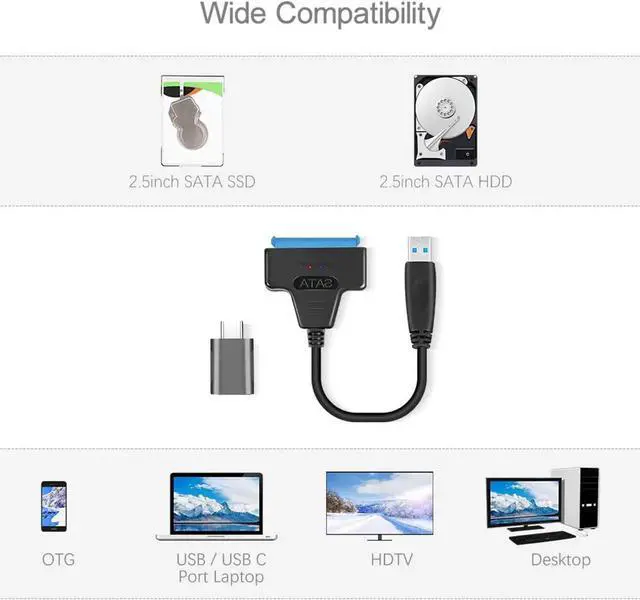 Alt view image 2 of 7 - WISDUM Upgraded SATA to USB C Cable, USB 3.0 & USB Type C to SATAIII Hard Drive Adapter Cable for 2.5 Inch SSD & HDD Support UASP, USB3.0 Type C to SATA, 1 Pack
