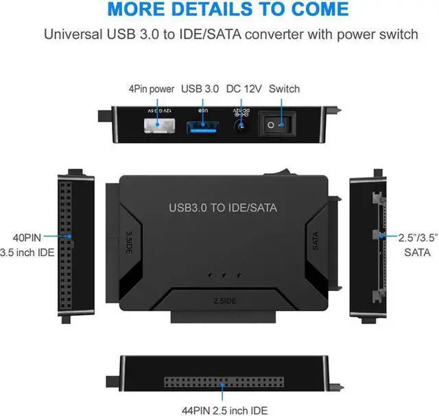 Alt view image 2 of 7 - WISDUM  USB 3.0 to IDE/SATA Converter Hard Drive Adapter with Power Switch for 2.5"/3.5"SATA HDD/SSD & IDE HDD Drives Optical Drive, Support 6TB, Include 12V 2A Power Adapter & USB 3.0 Cable