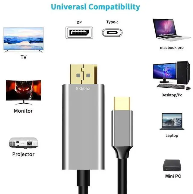 Alt view image 2 of 7 - WISDUM USB C to DisplayPort 1.4 Cable (Support 8K@60Hz, 4K@144Hz, 2K@240Hz) Thunderbolt 3/4 Type C to DP Cord Compatible with MacBook, Mac mini, XPS, iPad, iPhone 15/16 6.6 ft.