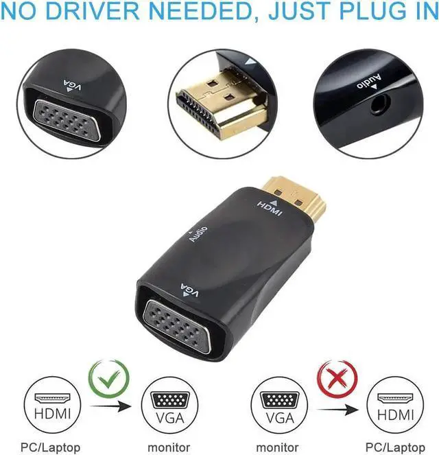 Alt view image 2 of 7 - HDMI to VGA Adapter Converter with 3.5mm Audio Jack Cable, Hannord 1080P HDMI to VGA Converter Male to Female Gold-Plated Connector for Laptop,PC, Desktop,Monitor, Projector,HDTV,DVD
