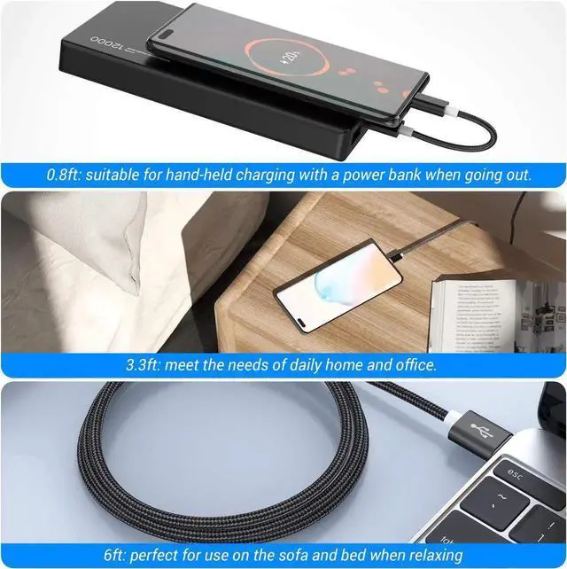 Alt view image 6 of 7 - USB Type C Fast Charging Cable, 4 Pack (0.8/3.3/3.3/6.6FT) Nylon Braided Data Sync Transfer Cord, Compatible with Samsung Galaxy S10 S9 Note 9 8, LG G7 V30 V20 G6, Google Pixel (Black)