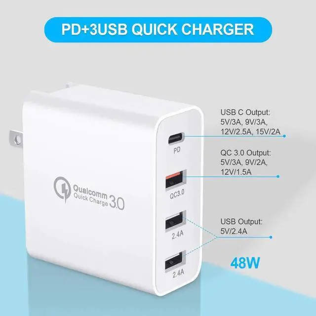 Alt view image 2 of 7 - USB C Charger, 48W 4 Ports Fast Charging PD Wall Charger Quick Charge 3.0, Multi Port USB-C Travel Adapter for Samsung S10/S9/S8/Plus, iPhone Xs/Max/XR/iPhone11, Fully Compatible (White)