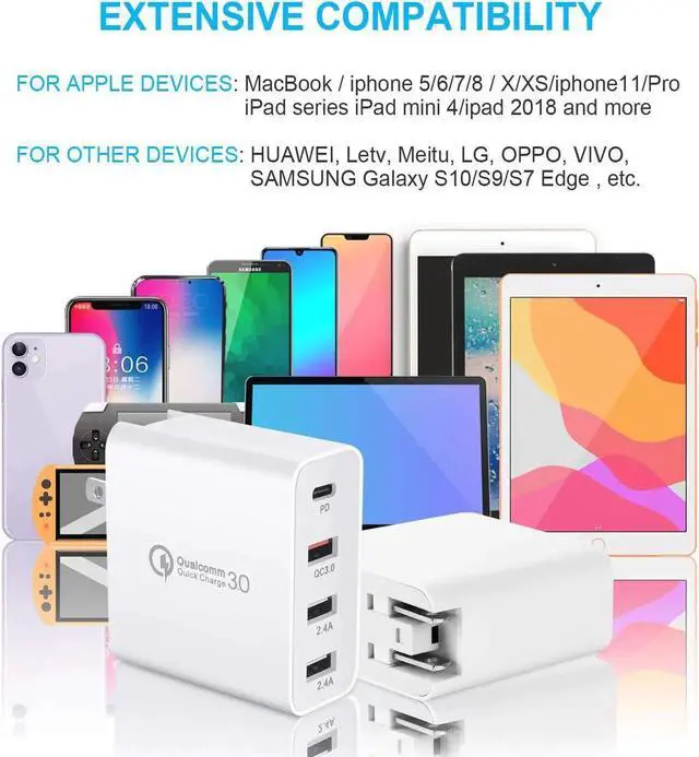 Alt view image 6 of 7 - USB C Charger, 48W 4 Ports Fast Charging PD Wall Charger Quick Charge 3.0, Multi Port USB-C Travel Adapter for Samsung S10/S9/S8/Plus, iPhone Xs/Max/XR/iPhone11, Fully Compatible (White)