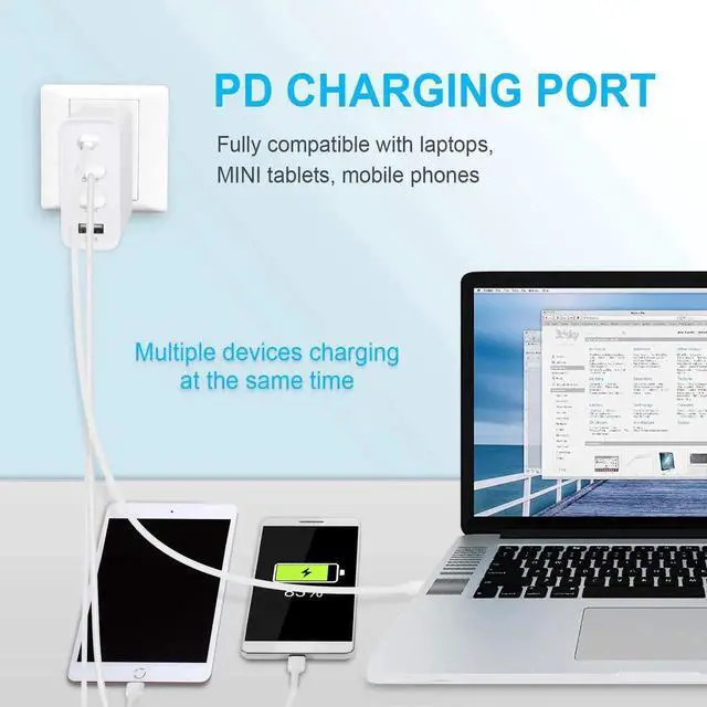 Alt view image 4 of 7 - USB C Charger, 48W 4 Ports Fast Charging PD Wall Charger Quick Charge 3.0, Multi Port USB-C Travel Adapter for Samsung S10/S9/S8/Plus, iPhone Xs/Max/XR/iPhone11, Fully Compatible (White)