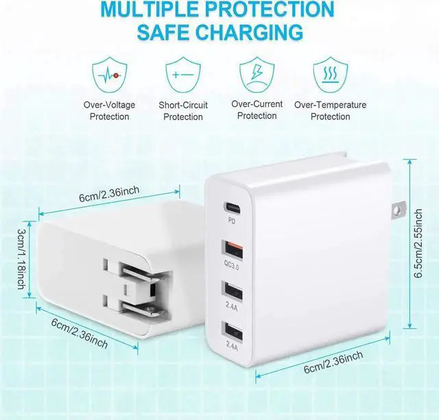 Alt view image 3 of 7 - USB C Charger, 48W 4 Ports Fast Charging PD Wall Charger Quick Charge 3.0, Multi Port USB-C Travel Adapter for Samsung S10/S9/S8/Plus, iPhone Xs/Max/XR/iPhone11, Fully Compatible (White)