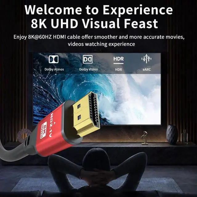 Alt view image 3 of 7 - WISDUM HDMI Cable 8K@60Hz, 48Gbps High Speed HDMI 2.1 Cord, Ultra HD,Ethernet Audio Return,Video 8K,4K,1080p,3D,Arc, HDR Compatible with Xbox,PS5/PS4,HDTV,Laptop ect(Red) 10Feet