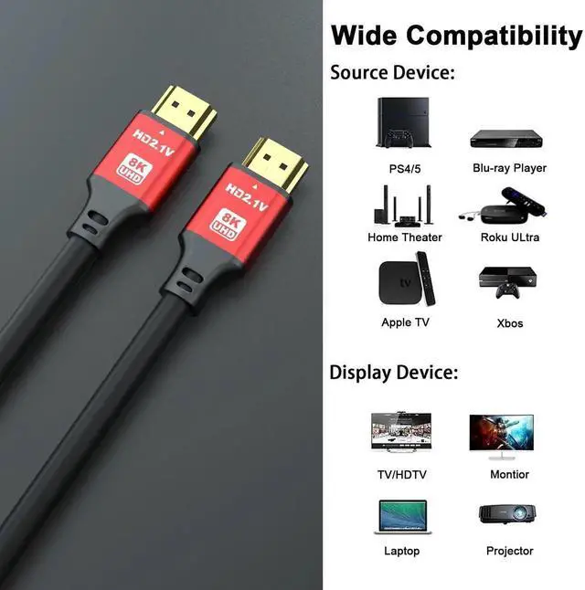 Alt view image 2 of 7 - WISDUM HDMI Cable 8K@60Hz, 48Gbps High Speed HDMI 2.1 Cord, Ultra HD,Ethernet Audio Return,Video 8K,4K,1080p,3D,Arc, HDR Compatible with Xbox,PS5/PS4,HDTV,Laptop ect(Red) 10Feet
