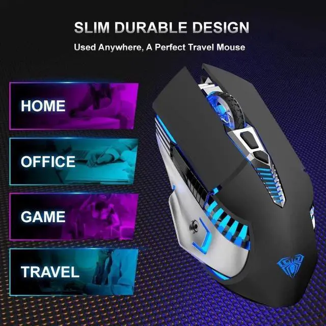Alt view image 6 of 7 - Rechargeable Bluetooth Wireless Mouse with Side Button, 3 Modes (BT5.0, BT3.0 and 2.4G),7 Color LED Lights, Ergonomic Gaming Mice for PC Computer Laptop Mac Tablet(Grey - Sound)