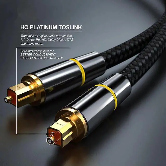 Alt view image 7 of 7 - Digital Optical Audio Cable Toslink Cable -[24K Gold-Plated, Ultra-Durable]  Nylon Braided Fiber Optic Male to Male Cord for Home Theater, Sound Bar, TV & More - 10ft