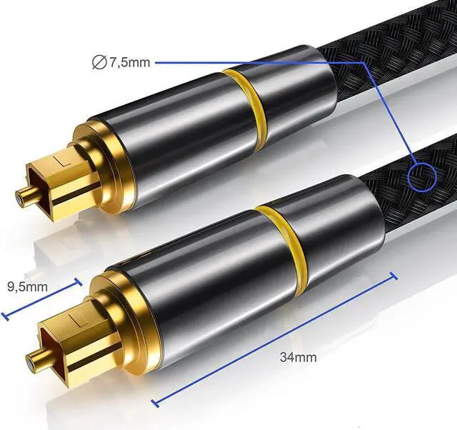 Alt view image 3 of 7 - Digital Optical Audio Cable Toslink Cable -[24K Gold-Plated, Ultra-Durable]  Nylon Braided Fiber Optic Male to Male Cord for Home Theater, Sound Bar, TV & More - 10ft