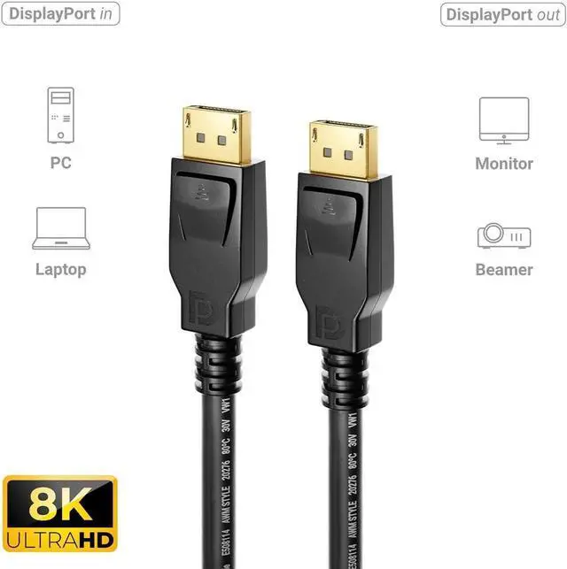 Alt view image 5 of 6 - DisplayPort 1.4 Cable, 32.4Gbps High-Speed, DisplayPort Cable 1.4 Support 8K@60Hz, 4K@144Hz, Dynamic HDR and 3D for Gaming Monitor, PC, Gold-Plated Plugs, 3.3 Feet, Black