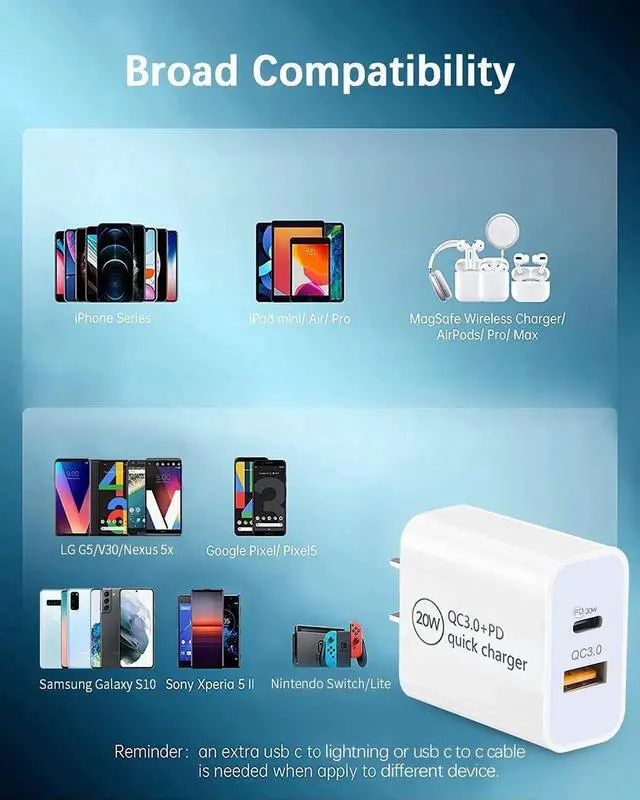 Alt view image 5 of 7 - 20W USB C Fast Charger, Dual Port PD Power Delivery + QC3.0 Quick Charger Wall Charger Block Plug for iPhone 13/12/11 /Pro Max, XS/XR/X, 8/7/6, iPad Pro, AirPods Pro, Samsung Galaxy, Pixel