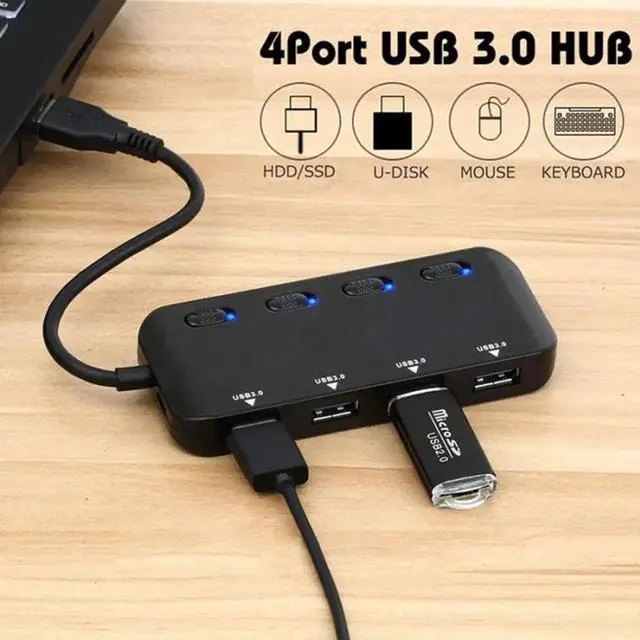 Alt view image 2 of 7 - 4 Port Powered USB 3.0 Hub Splitter, Ultra Slim USB Data Hub with Individual Power Switches and LEDs, for MacBook Air, Laptop, iMac,PC, USB Flash Drives, Hard Drive (Black)