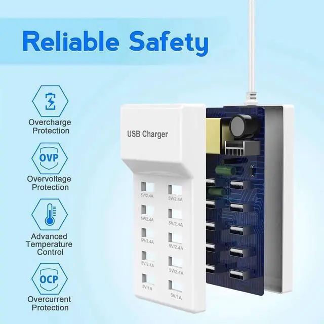 Alt view image 3 of 5 - USB Wall Charger 10-Port USB Charger Station with Rapid Charging Auto Detect Technology Safety Guaranteed Family-Sized Smart USB Ports for Multiple Devices Smart Phone Tablet Laptop Computer