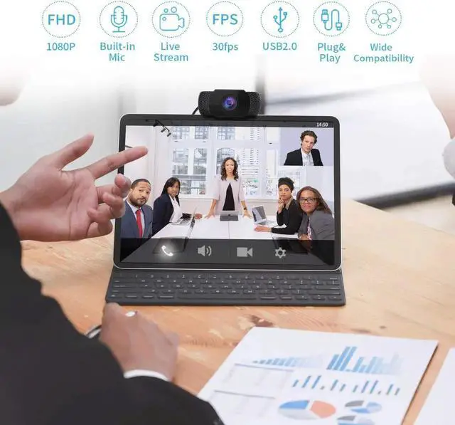 Alt view image 2 of 7 - 1080P Webcam with Microphone,  USB 2.0 Desktop Laptop Computer Web Camera with Auto Light Correction, Plug and Play [30fps], for Video Streaming, Conference, Game,Study, Skype/YouTube/Zoom