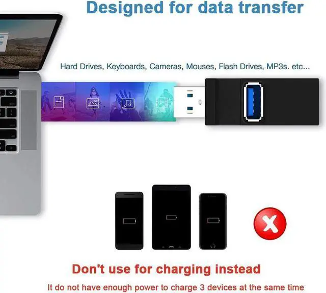 Alt view image 2 of 7 - WISDUM 3 Port USB Hub High Speed Splitter Plug and Play Bus Powered, USB 3.0 to USB 3.0 and USB 2.0 Hub USB 2.0 with Lanyard, Black