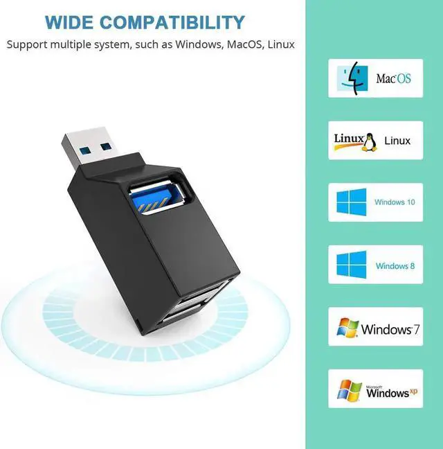 Alt view image 3 of 7 - WISDUM 3 Port USB Hub High Speed Splitter Plug and Play Bus Powered, USB 3.0 to USB 3.0 and USB 2.0 Hub USB 2.0 with Lanyard, Black