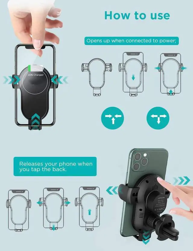 Alt view image 2 of 7 - WISDUM Wireless Car Charger,15W Qi Fast Charging Car Mount Charger Auto-Clamping Smart Positioning Air Vent Phone Holder Compatible with iPhone11/11Pro/11Pro Max/XS/XR/X/8/8+,SamsungS10/S10+/S9/S8