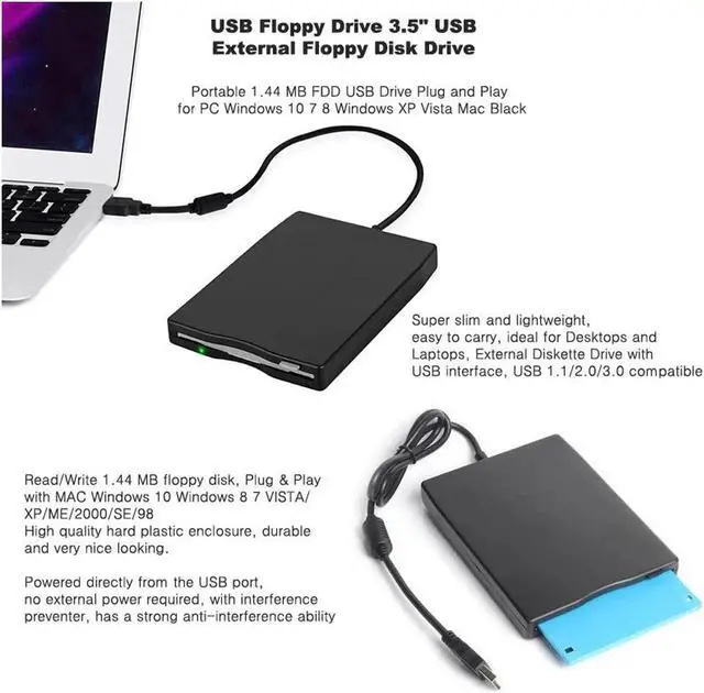 Alt view image 2 of 7 - WISDUM  USB Floppy Drive 3.5" USB External Floppy Disk Drive Portable 1.44 MB FDD USB Drive Plug and Play for PC Windows 10 7 8 Windows XP Vista Mac Black 3.5" USB External Portable Floppy Disk Drive