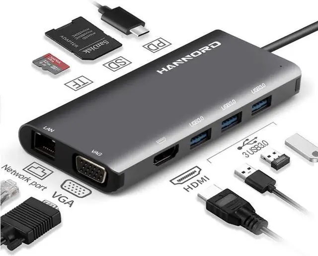 Main image of WISDUM USB C Hub, 9-in-1 USB C Hub Adapter, with 4K HDMI, USB-C 100W Power Delivery, Ethernet Port, 1080P VGA, 3 USB-A 3.0 5Gbps Data Port, microSD SD Card Reader for MacBook Air, MacBook Pro, XPS