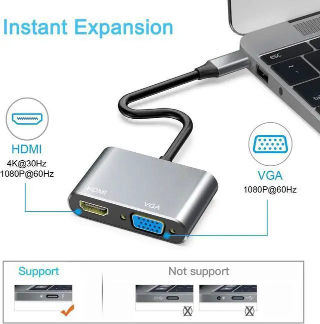 Alt view image 2 of 6 - WISDUM  USB C to HDMI VGA Adapter,USB Type C to VGA HDMI Adapter Thunderbolt 3 VGA Adapter for MacBook Pro/iPad Pro /Air 2020 2019 2018,Dell XPS 13/15,Surface Pro, Galaxy S8/S9 (Grey)