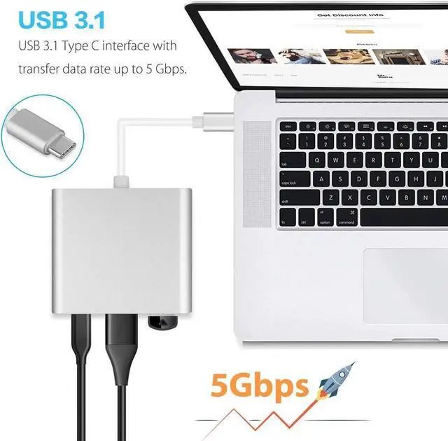 Alt view image 2 of 7 - USB C to HDMI 4K Multiport Adapter, 3 in 1 Type C Hub with USB 3.0 + USB C Charging Port Digital Converter Compatible for MacBook/Chromebook Pixel/Dell XPS13/Samsung Galaxy s8/s8 Plus (Silver)