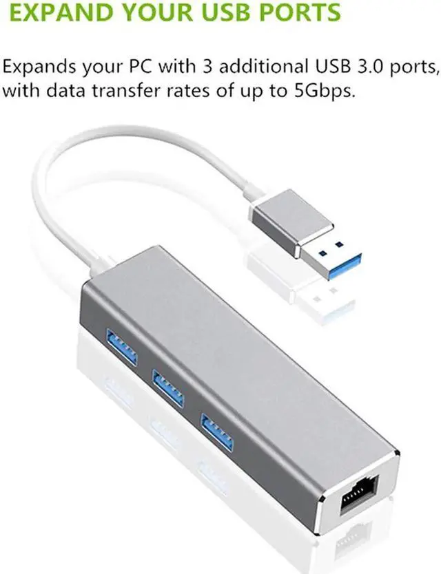 Alt view image 6 of 7 - USB 3.0 to Ethernet Adapter,3-Port USB 3.0 Hub with RJ45 10/100/1000 Gigabit Ethernet Adapter Support Windows 10,8.1,Mac OS, Surface Pro,Linux,Chromebook and More