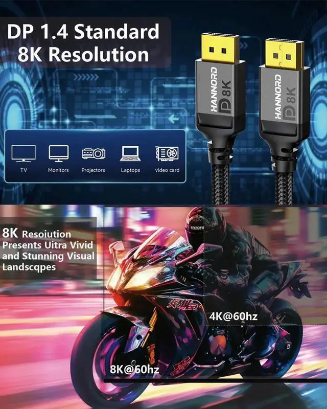 Alt view image 3 of 7 - WISDUM DisplayPort Cable 1.4, 8K 3.3ft DP Cable Cord (8K@60Hz, 4K@144Hz, 1080P@240Hz) Display Port HBR3 32.4Gbps, HDCP 2.2 for Odyssey G9 CHG90, PC, Laptop, TV Gaming Monitor - Grey